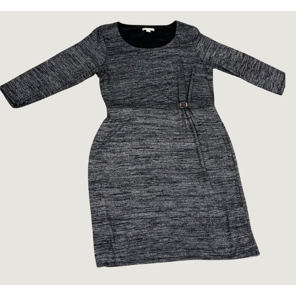 Dana Buchman Black White Marl Space Dye Buckle Sheath Dress Large 3/4 Sleeve